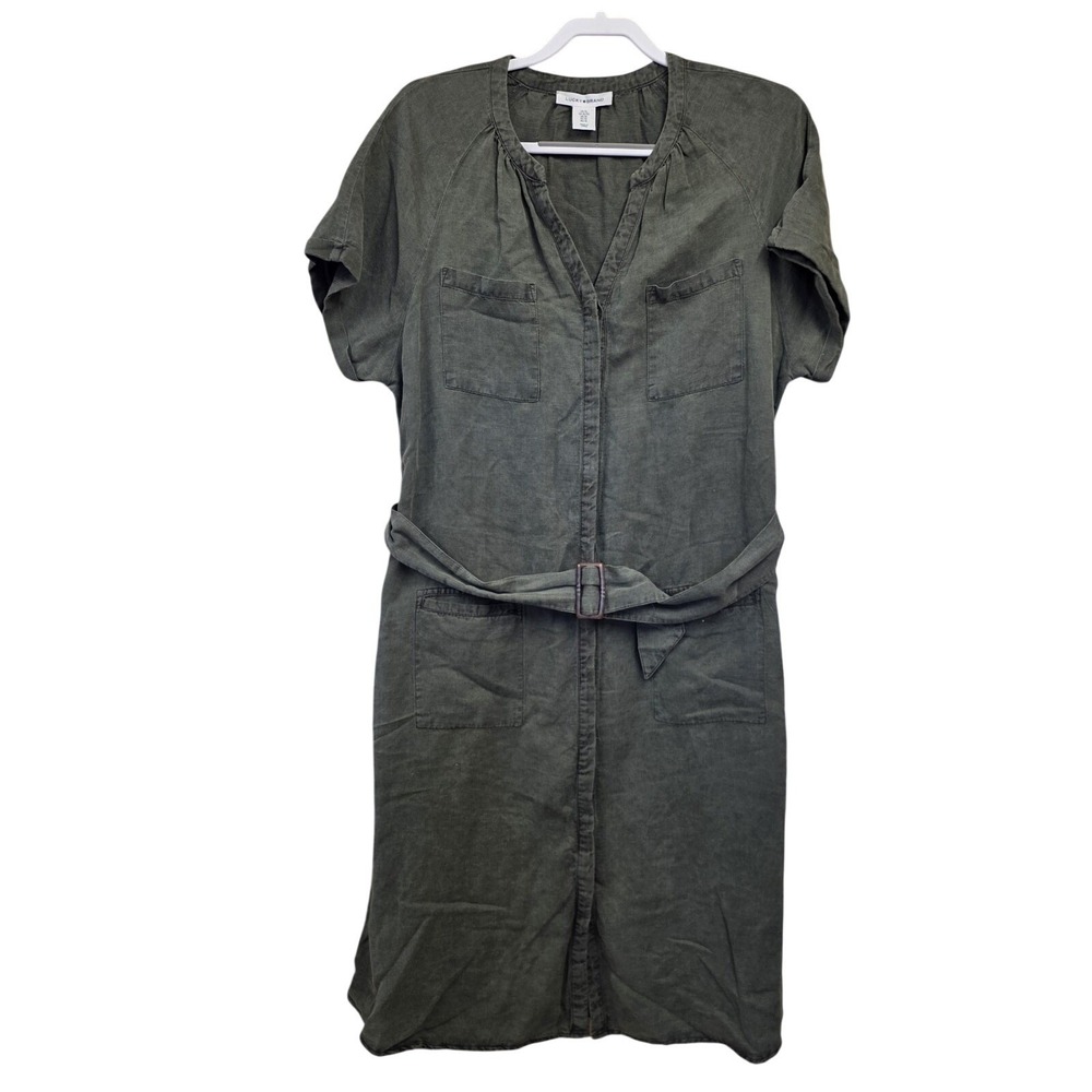 Lucky Brand Dress Women XL Green Linen Blend Belted Shirt Midi Utility Pockets - Picture 2 of 9